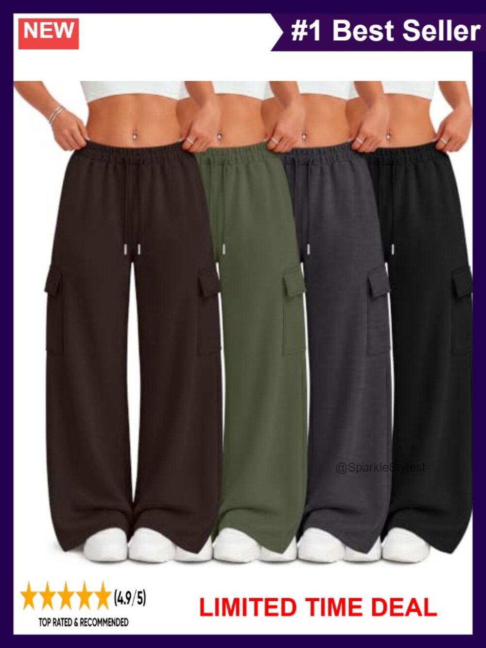 Women's Cargo Sweatpants Baggy Wide Leg Lounge Pants 4 Pack